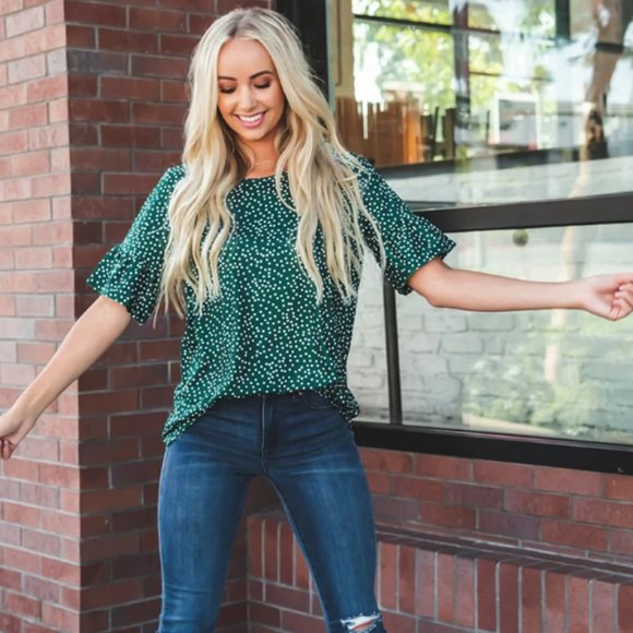 Tickled Teal - Brooklyn Flare Sleeve Top - Green Dot - Picture 3 of 6